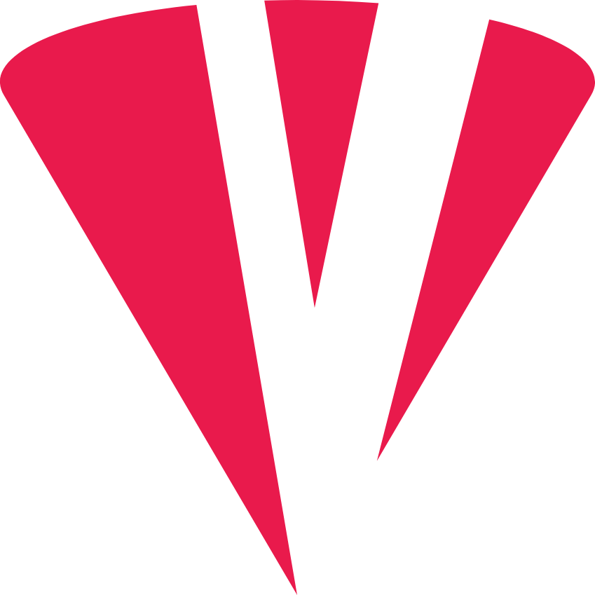 A red V shape with bold black stripes is set against a white background. The V has symmetric, pointed extensions on the sides, giving it a stylized and modern appearance.